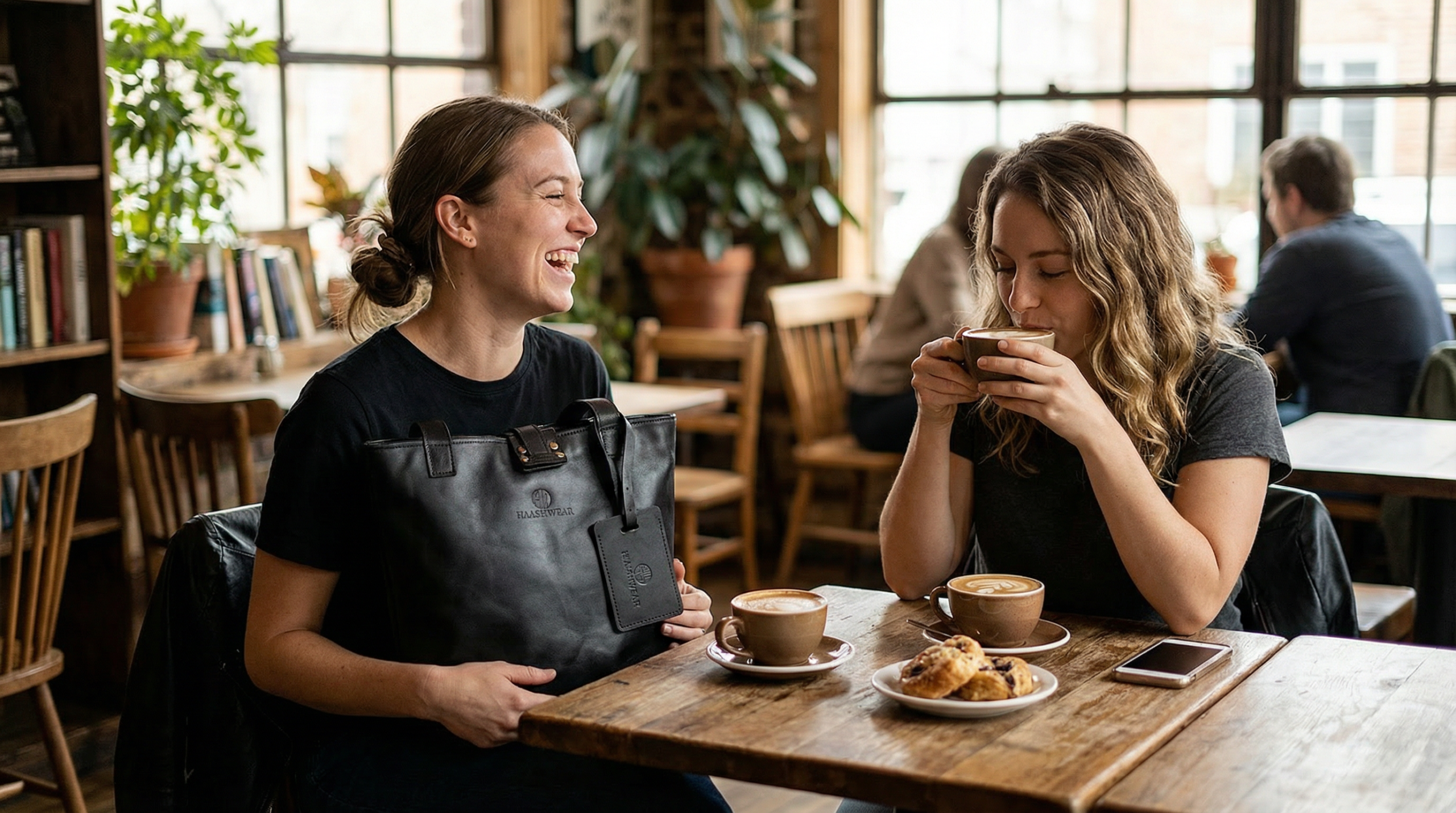 Two women drinking coffee with a tote bag in hand
